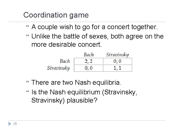Coordination game 13 A couple wish to go for a concert together. Unlike the