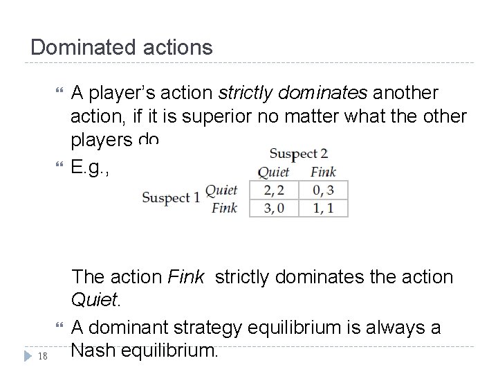 Dominated actions 18 A player’s action strictly dominates another action, if it is superior