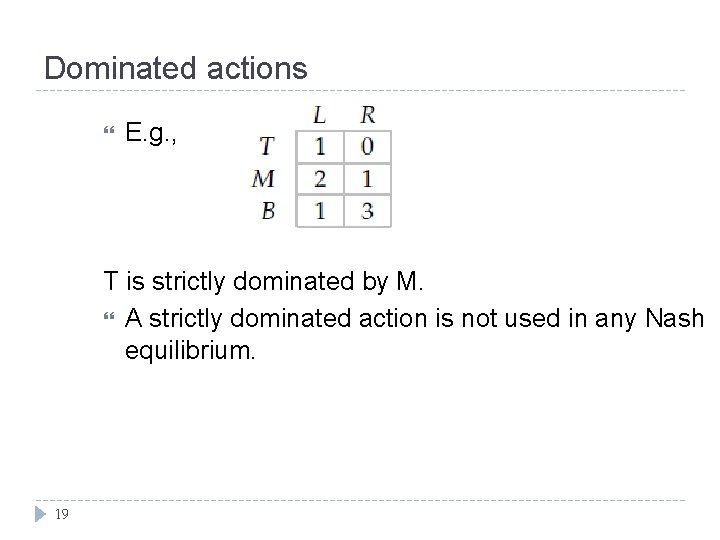 Dominated actions E. g. , T is strictly dominated by M. A strictly dominated