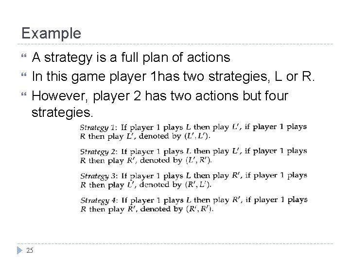 Example A strategy is a full plan of actions In this game player 1
