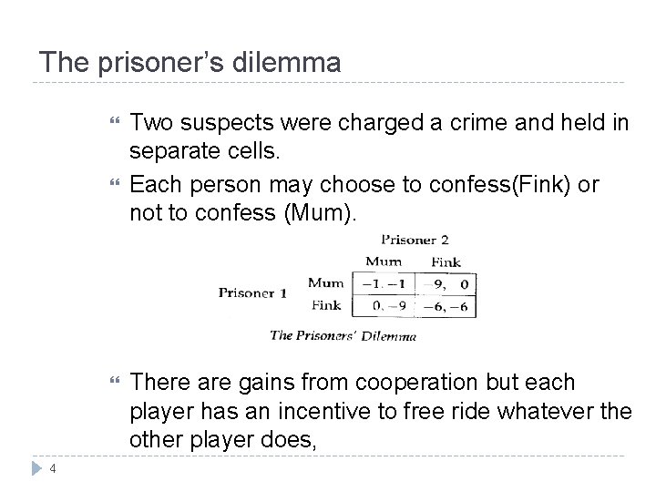 The prisoner’s dilemma 4 Two suspects were charged a crime and held in separate