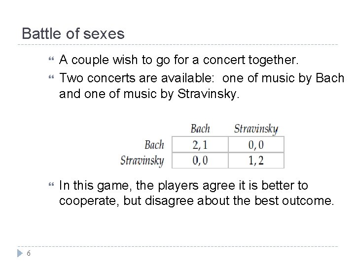 Battle of sexes 6 A couple wish to go for a concert together. Two