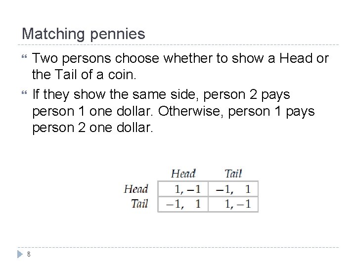 Matching pennies Two persons choose whether to show a Head or the Tail of