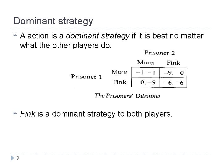 Dominant strategy A action is a dominant strategy if it is best no matter