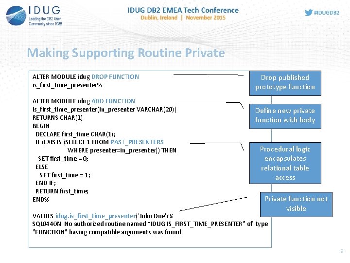 Making Supporting Routine Private ALTER MODULE idug DROP FUNCTION is_first_time_presenter% ALTER MODULE idug ADD