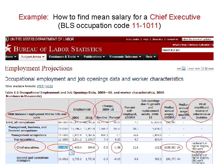 Example: How to find mean salary for a Chief Executive (BLS occupation code 11