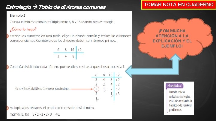 Estrategia Tabla de divisores comunes TOMAR NOTA EN CUADERNO ¡PON MUCHA ATENCIÓN A LA