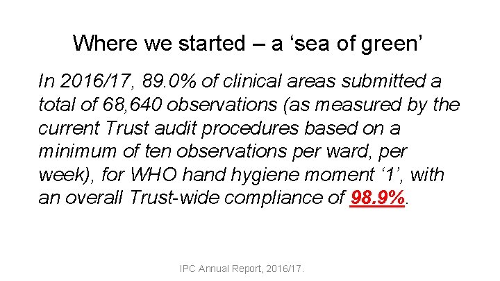 Where we started – a ‘sea of green’ In 2016/17, 89. 0% of clinical