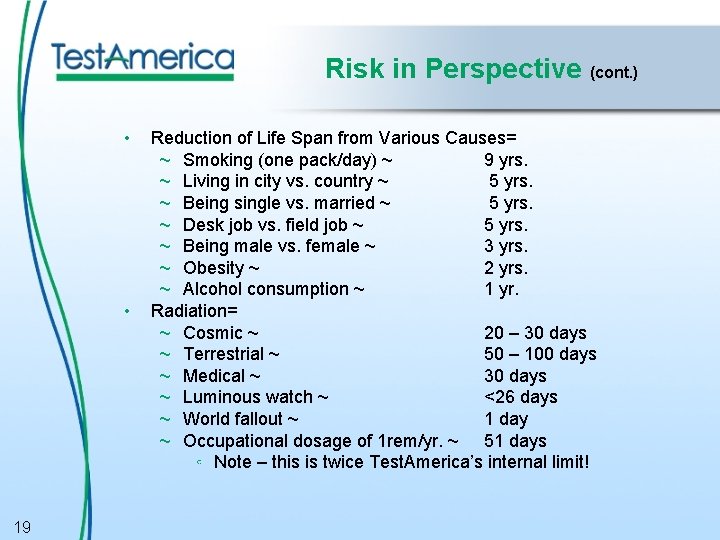 Risk in Perspective (cont. ) • • 19 Reduction of Life Span from Various