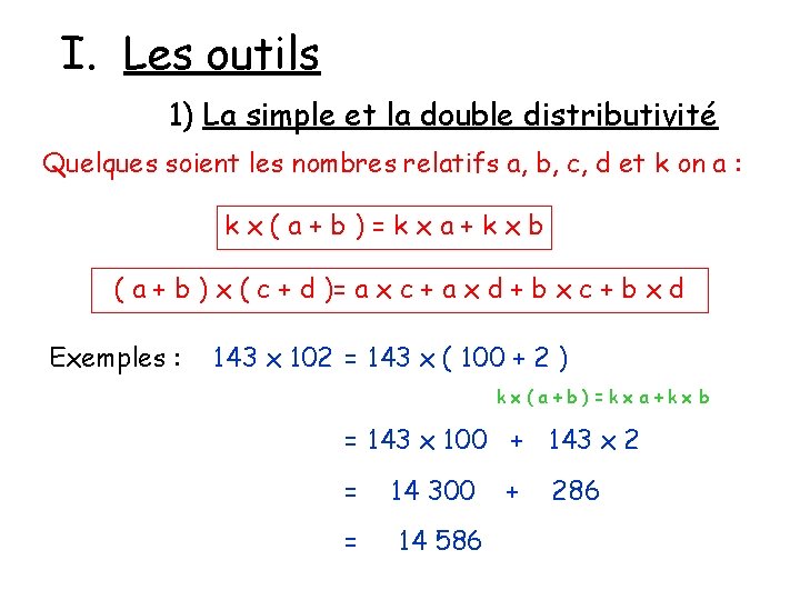 I. Les outils 1) La simple et la double distributivité Quelques soient les nombres