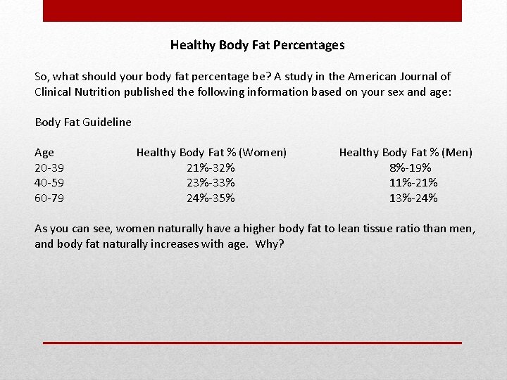 Healthy Body Fat Percentages So, what should your body fat percentage be? A study