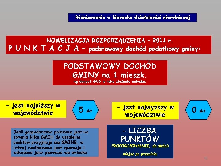 Różnicowanie w kierunku działalności nierolniczej NOWELIZACJA ROZPORZĄDZENIA – 2011 r. P U N K