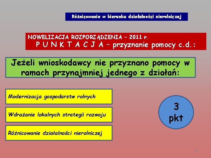 Różnicowanie w kierunku działalności nierolniczej NOWELIZACJA ROZPORZĄDZENIA – 2011 r. P U N K