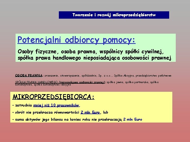 Tworzenie i rozwój mikroprzedsiębiorstw Potencjalni odbiorcy pomocy: Osoby fizyczne, osoba prawna, wspólnicy spółki cywilnej,