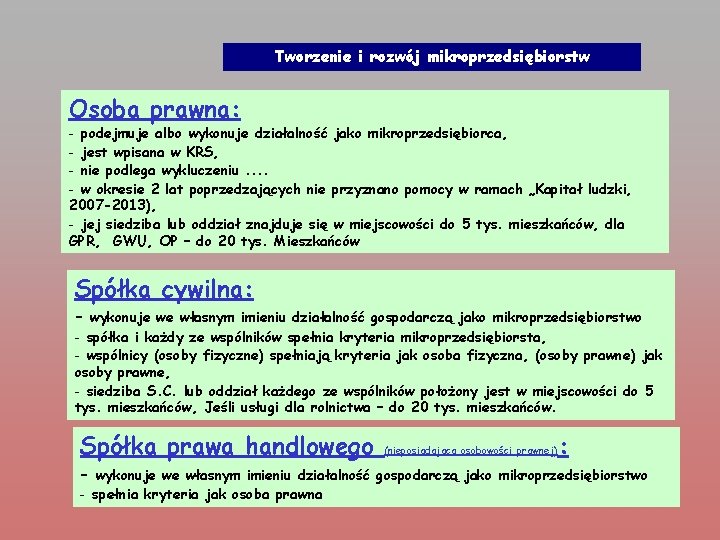 Tworzenie i rozwój mikroprzedsiębiorstw Osoba prawna: - podejmuje albo wykonuje działalność jako mikroprzedsiębiorca, -