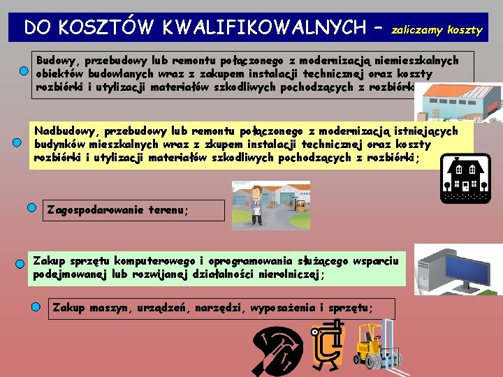 DO KOSZTÓW KWALIFIKOWALNYCH – zaliczamy koszty Budowy, przebudowy lub remontu połączonego z modernizacją niemieszkalnych