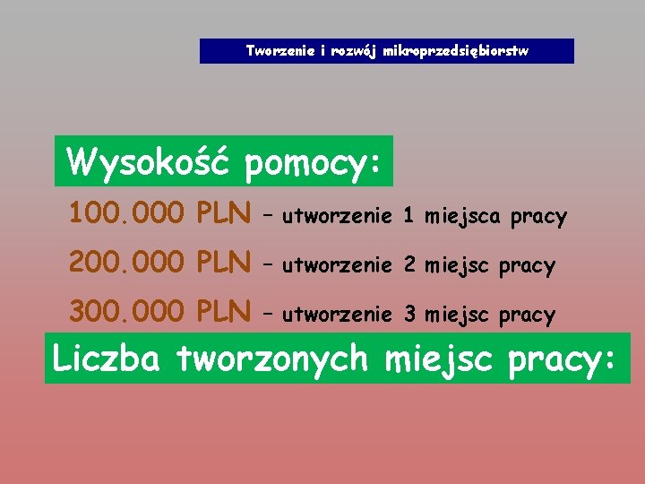 Tworzenie i rozwój mikroprzedsiębiorstw Wysokość pomocy: 100. 000 PLN – utworzenie 1 miejsca pracy