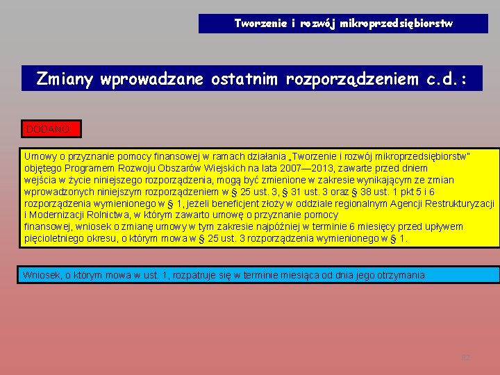 Tworzenie i rozwój mikroprzedsiębiorstw Zmiany wprowadzane ostatnim rozporządzeniem c. d. : DODANO: Umowy o