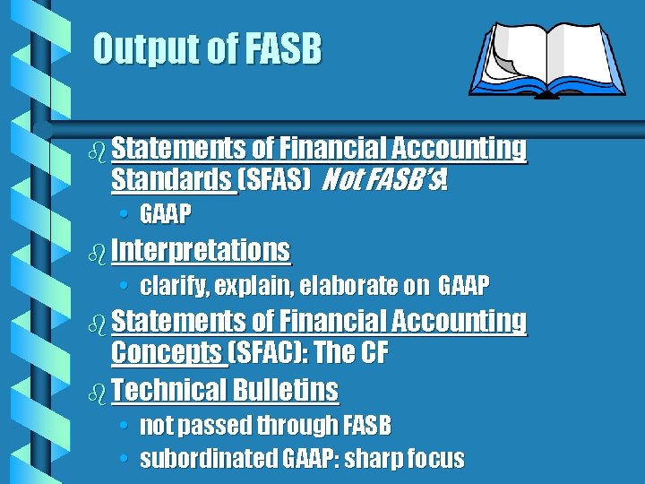 Output of FASB b Statements of Financial Accounting Standards (SFAS) Not FASB’s! • GAAP