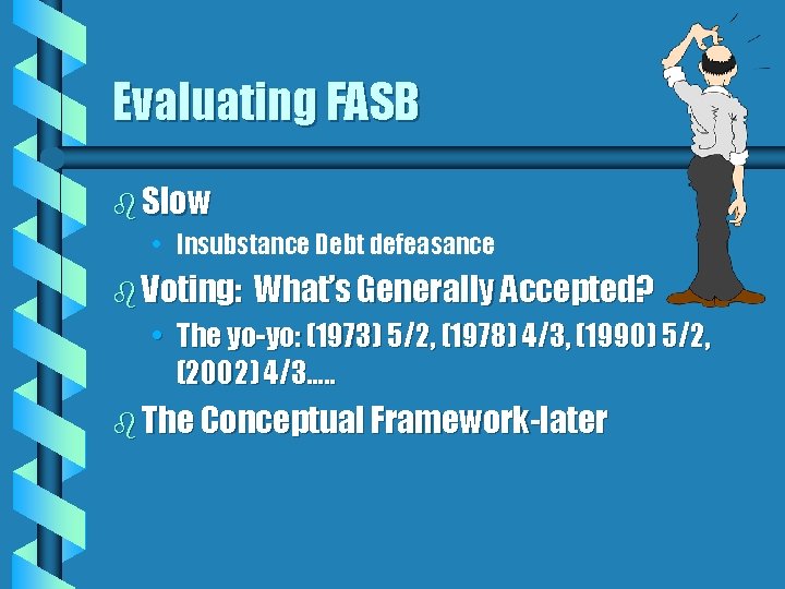 Evaluating FASB b Slow • Insubstance Debt defeasance b Voting: What’s Generally Accepted? •