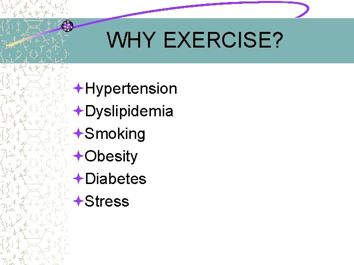 WHY EXERCISE? ªHypertension ªDyslipidemia ªSmoking ªObesity ªDiabetes ªStress 