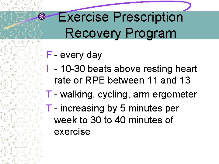 Exercise Prescription Recovery Program F - every day I - 10 -30 beats above