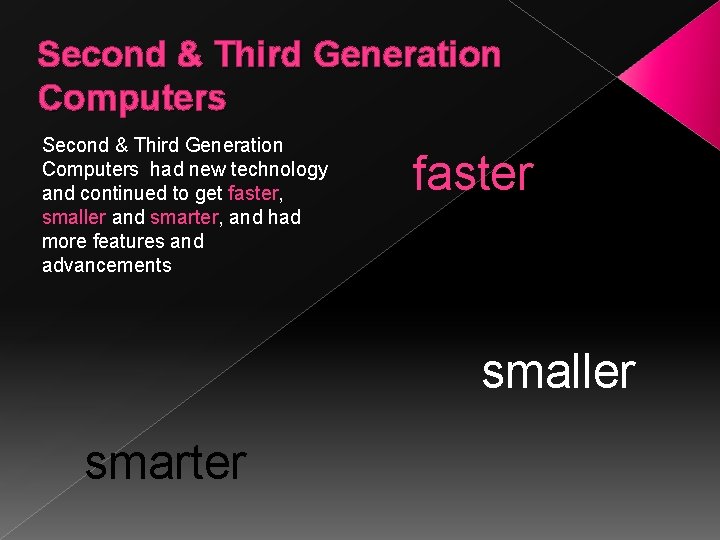 Second & Third Generation Computers had new technology and continued to get faster, smaller Second & Third Generation Computers had new technology and continued to get faster, smaller