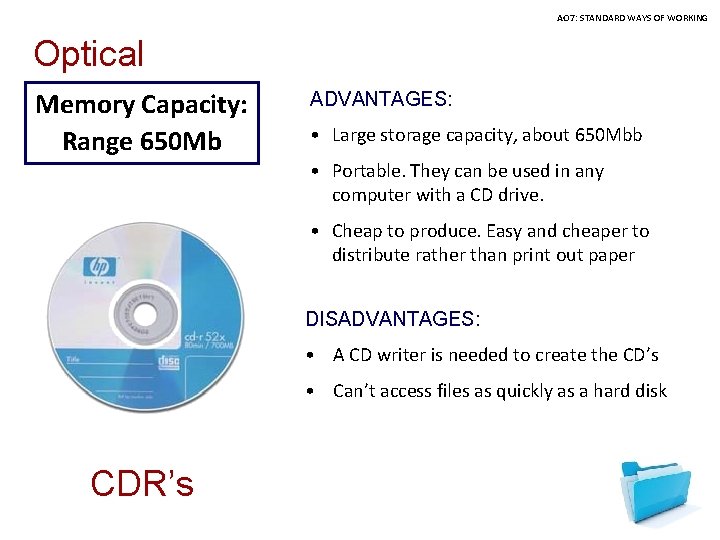 AO 7: STANDARD WAYS OF WORKING Optical Memory Capacity: Range 650 Mb ADVANTAGES: •