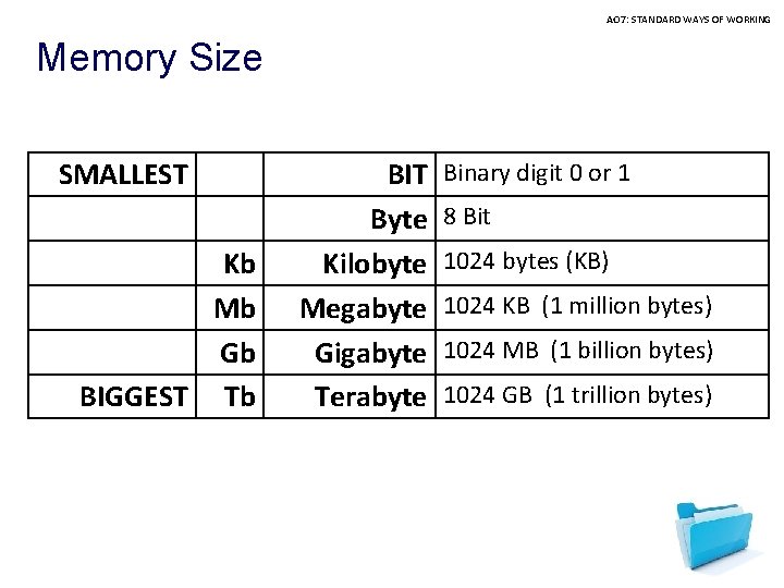 AO 7: STANDARD WAYS OF WORKING Memory Size SMALLEST Kb Mb Gb BIGGEST Tb