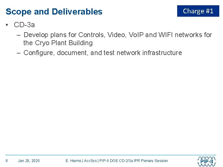 Scope and Deliverables Charge #1 • CD-3 a – Develop plans for Controls, Video,