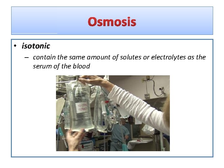Osmosis • isotonic – contain the same amount of solutes or electrolytes as the