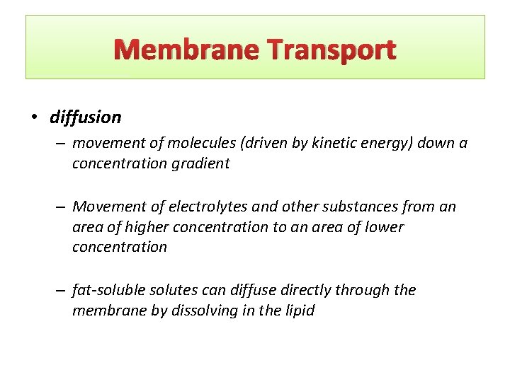Membrane Transport • diffusion – movement of molecules (driven by kinetic energy) down a