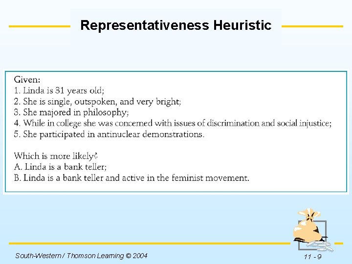 Representativeness Heuristic Insert Table 11 -1 here. South-Western / Thomson Learning © 2004 11