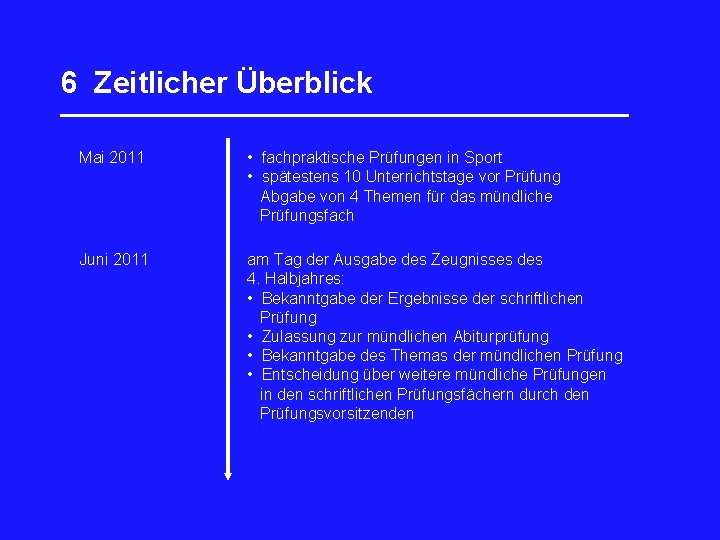 6 Zeitlicher Überblick _________________ Mai 2011 • fachpraktische Prüfungen in Sport • spätestens 10