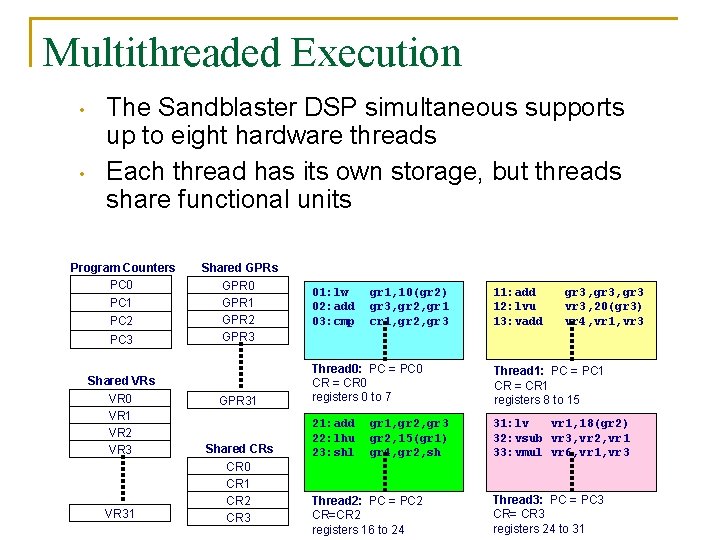 Multithreaded Execution • • The Sandblaster DSP simultaneous supports up to eight hardware threads