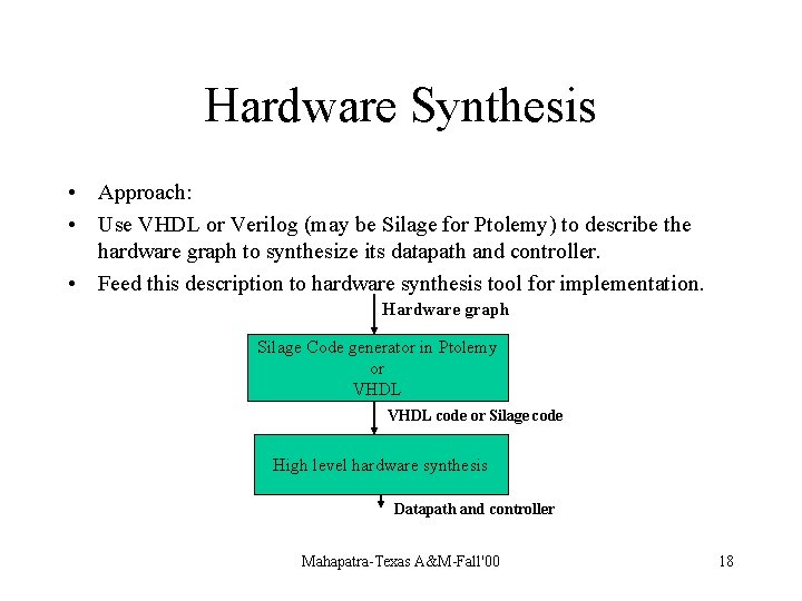 Hardware Synthesis • Approach: • Use VHDL or Verilog (may be Silage for Ptolemy)