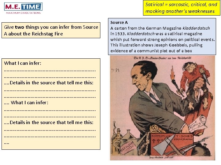 Satirical = sarcastic, critical, and mocking another's weaknesses Give two things you can infer Satirical = sarcastic, critical, and mocking another's weaknesses Give two things you can infer