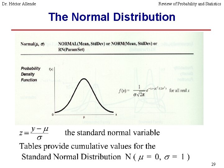 Dr. Héctor Allende Review of Probability and Statistics The Normal Distribution 29 