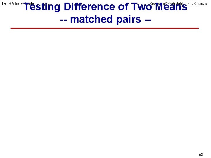 Testing Difference of Two Means -- matched pairs -- Dr. Héctor Allende Review of