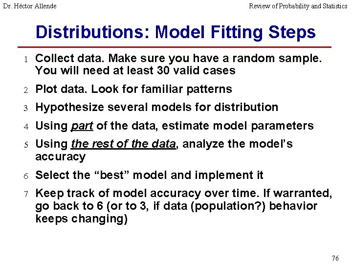 Dr. Héctor Allende Review of Probability and Statistics Distributions: Model Fitting Steps 1 Collect