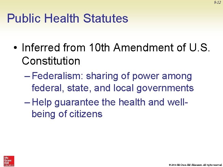 9 -12 Public Health Statutes • Inferred from 10 th Amendment of U. S.