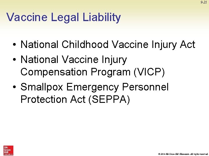 9 -21 Vaccine Legal Liability • National Childhood Vaccine Injury Act • National Vaccine