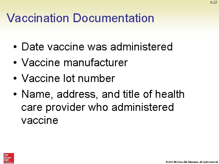 9 -23 Vaccination Documentation • • Date vaccine was administered Vaccine manufacturer Vaccine lot