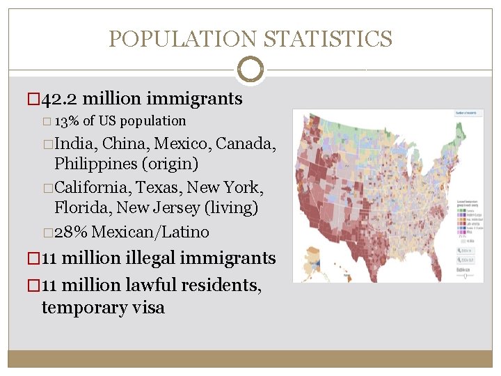 POPULATION STATISTICS � 42. 2 million immigrants � 13% of US population �India, China,