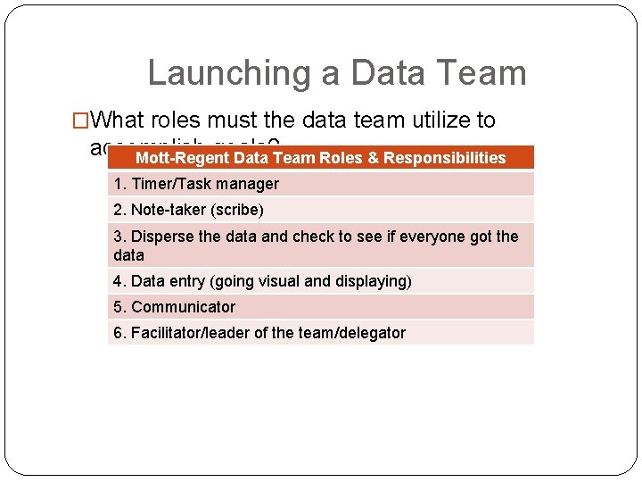 Launching a Data Team �What roles must the data team utilize to accomplish goals?