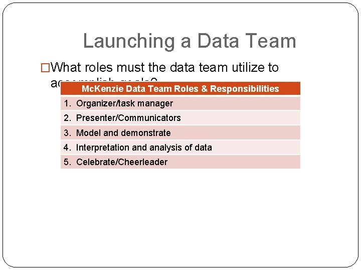 Launching a Data Team �What roles must the data team utilize to accomplish goals?