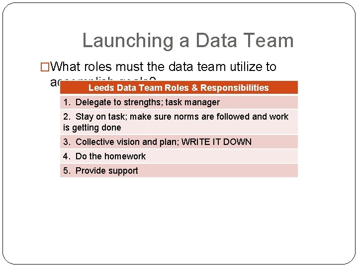 Launching a Data Team �What roles must the data team utilize to accomplish goals?