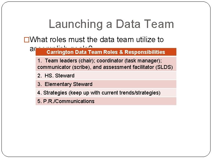 Launching a Data Team �What roles must the data team utilize to accomplish goals?