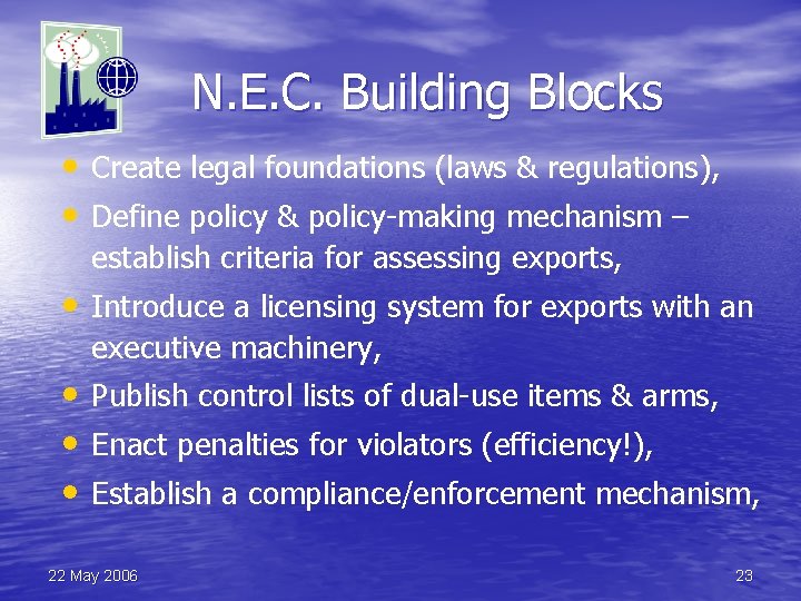 N. E. C. Building Blocks • Create legal foundations (laws & regulations), • Define