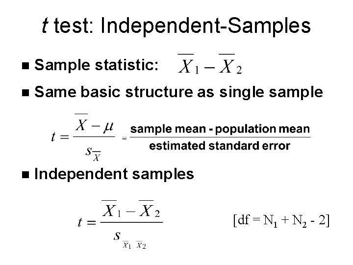 t test: Independent-Samples n Sample statistic: n Same basic structure as single sample n